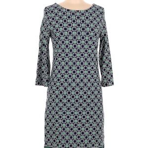 Talbots Navy and Green Geometric Long-Sleeve Shift Dress